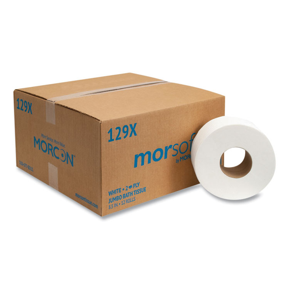 MORCON Tissue 129X Jumbo Bath Tissue, Septic Safe, 2-Ply, 3.3" x 500 ft, White, 12 Rolls/Carton