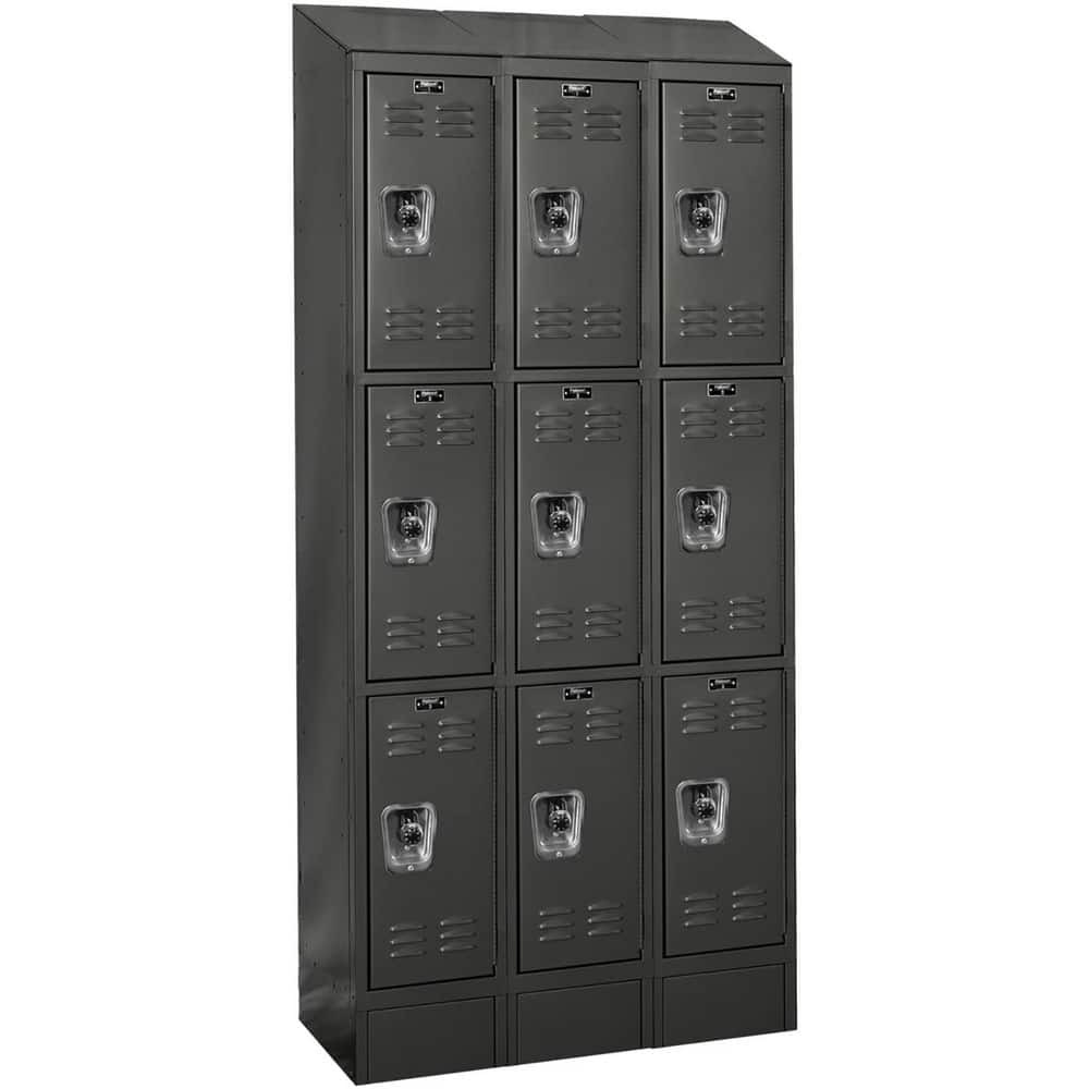 Hallowell URB3258-3ASB-ME Lockers; Locker Style: Horizontal ; Locker Configuration: 3-Wide ; Assembled: Yes ; Shelf Capacity: 0 ; Handle Type: Recessed ; Locker Material: Steel