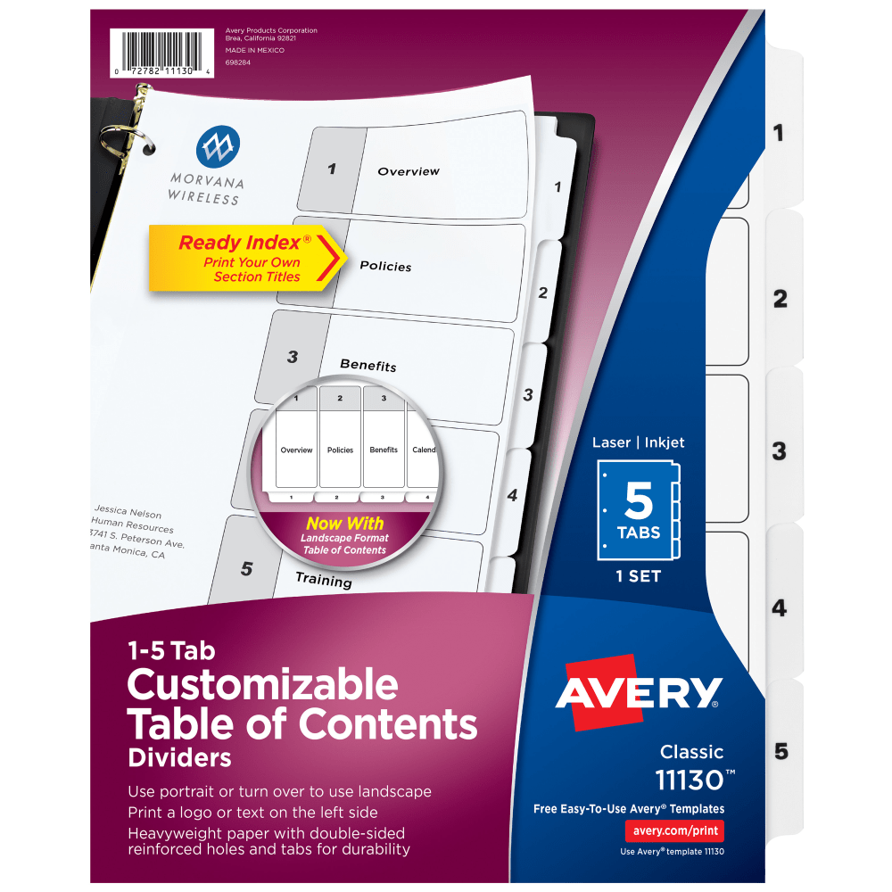 AVERY PRODUCTS CORPORATION 11130 Avery Ready Index 1-5 Tab With Customizable Table Of Contents Dividers, Letter Size, 5 Tab, White, 1 Set