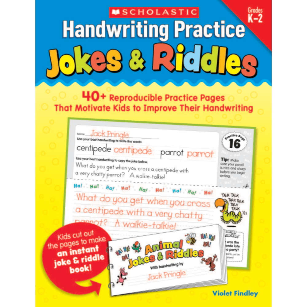 Handwriting practice is painless with these rib-tickling reproducibles!  Each page features some quick "word warm-ups" plus a hilarious joke or riddle to copy with care.  Kids can snip and staple the pages together to make an instant joke book to share with pals.  Handwriting has never been so much fun!