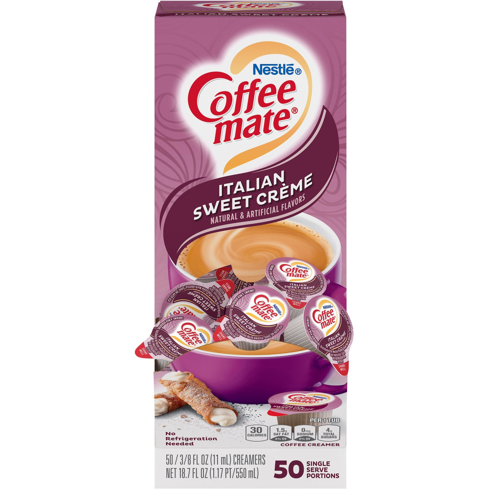 Enjoy rich coffeehouse-style drinks at home or in the office with Coffee-mates sophisticated Italian Sweet Creme flavored liquid creamer. Single-serve tubs make it easy to treat yourself on the go.  Enjoy the rich, indulgent flavor of Italian Sweet Creme in any coffee.  No refrigeration needed, these creamers save on storage and trips to the grocery store.  Each jigger delivers a single serving size amount, no waste.  Supplied in dispenser box for easy, neat storage and identification.  With a 9 month shelf life, these creamers are a great bulk buy.  Liquid creamer stirs into hot and cold drinks without lumps or residue.  Lactose-free, cholesterol-free and gluten-free, great news for anybody on a restricted diet.  Carton of 50 single serve tubs.
