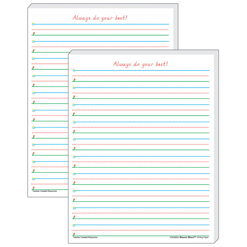 EDUCATORS RESOURCE TCR76531-2 Teacher Created Resources Smart Start 1-2 Writing Paper, 8-1/2in x 11in, Primary Rule, White, 100 Sheets Per Pack, Set Of 2 Packs