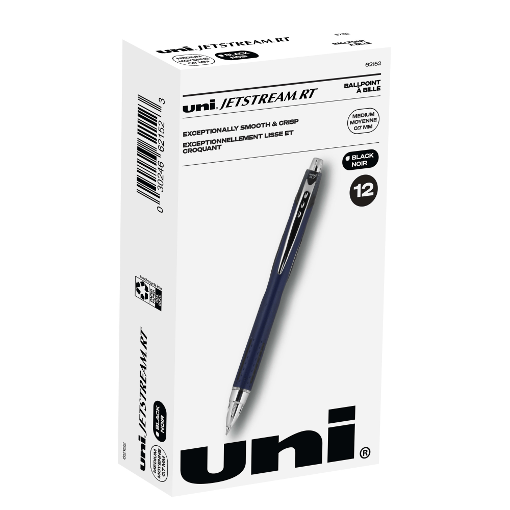 NEWELL BRANDS INC. Uni-Ball 62152DZ  Jetstream RT Retractable Ballpoint Pens, Fine Point, 0.7 mm, Blue Barrel, Black Ink, Pack Of 12