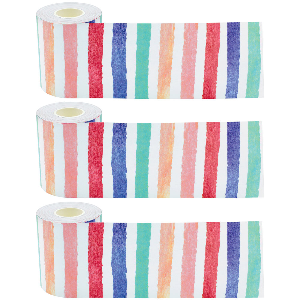 EDUCATORS RESOURCE TCR8927-3 Teacher Created Resources Straight Rolled Border Trim, Watercolor Stripes, 50' Per Roll, Pack Of 3 Rolls