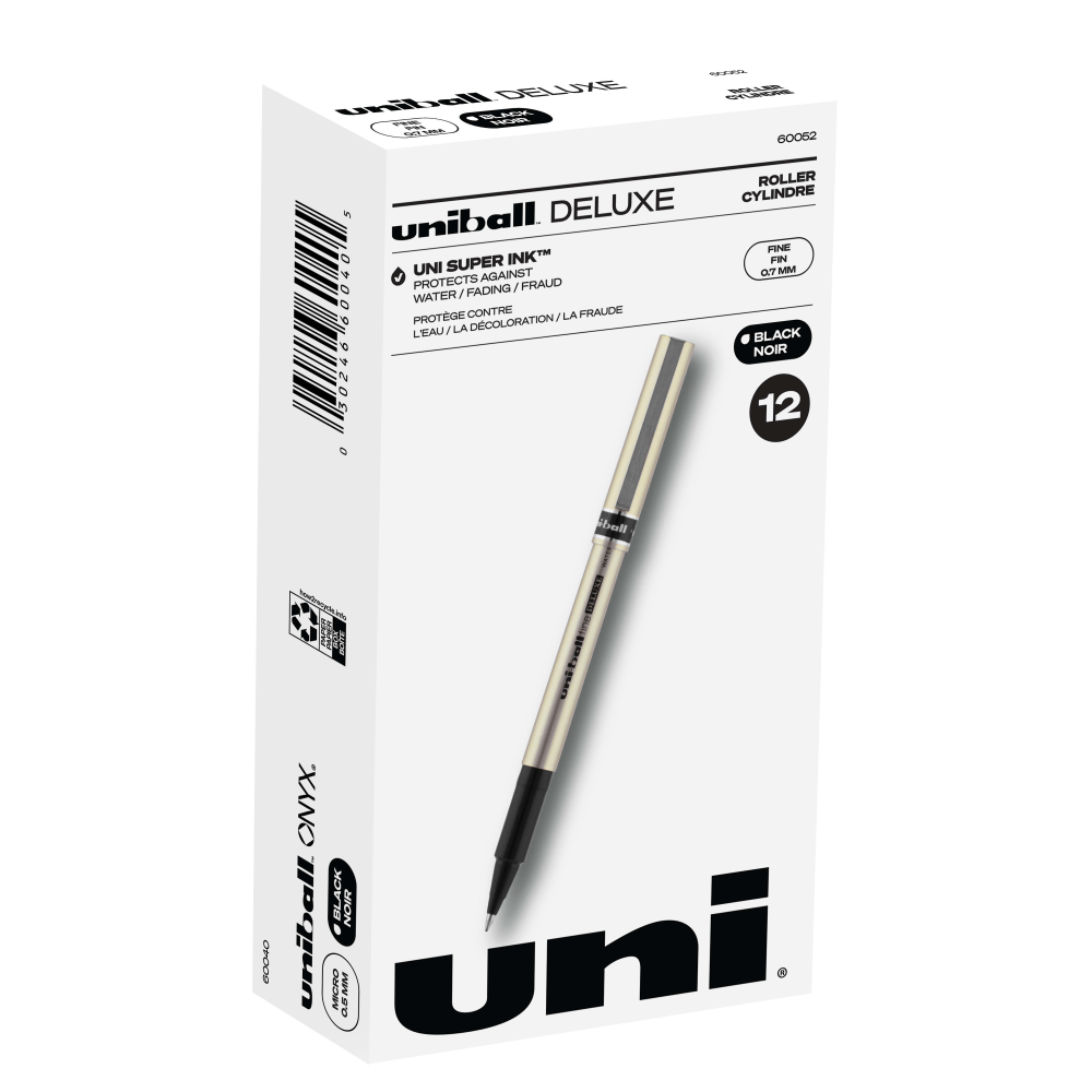 NEWELL BRANDS INC. Uni-Ball 60052  Deluxe Rollerball Pens, Fine Point, 0.7 mm, Gold Barrel, Black Ink, Pack Of 12