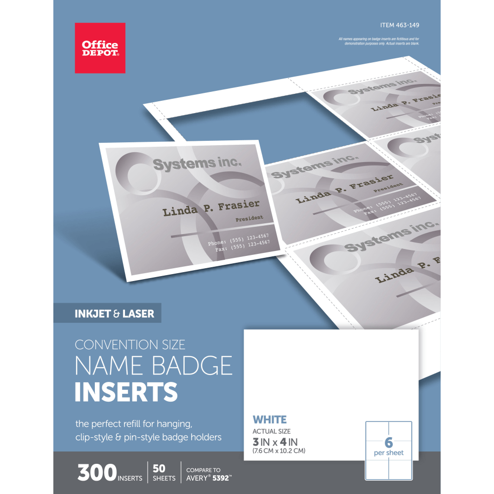 OFFICE DEPOT OD98845  Brand Badge Inserts, Convention Size, 3in x 4in, White, Pack Of 300