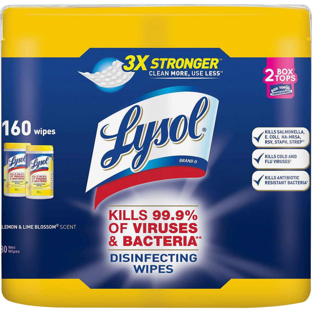 RECKITT BENCKISER 80296 Lysol Disinfecting Wipes, Lemon & Lime Blossom Scent, 7in x 8in, 80 Sheets Per Canister, Case Of 2 Canisters