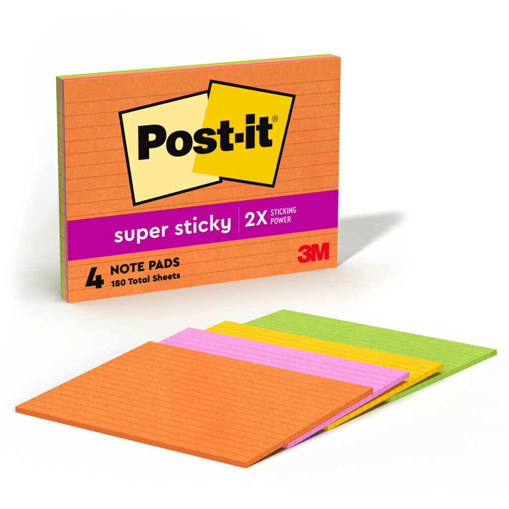 Uplift your spirits and messages via the vibrant, strong colors of the Energy Boost collection. Whether jotting down your daily to-dos, brainstorming big ideas, studying or setting reminders, colors and ideas are always brighter together. These sticky notes feature 2X the sticking power. They also stick and re-stick - allowing you to move your notes with you throughout your day. They"re ideal for walls, doors, windows and other vertical surfaces, and like all Post-it Notes, they stick securely yet remove cleanly without damage. Keep your ideas across your notebooks, classroom books, calendars or other documents. No tape or tacks are needed with adhesive notes, saving you money and time on office products or school supplies. A great memo pad, these are ideal for using for notes or reminders to yourself or others. Post-it Super Sticky Notes are the perfect solution for shopping lists, reminders, notes on computer screens, time tracking, to-do lists, marking cables, color-coding documents, reminding kids to do chores, storyboarding, scratch paper and agile processing. These colorful sticky notes include colors from the Energy Boost collection including orange, green, blue and pink. All Post-it Notes are sourced from certified, renewable and responsibly managed forests, and all Post-it Notes are recyclable, so you can recycle them when they are no longer needed.  EXPERIENCE THE POWER OF 2X STICKINESS: Post-it Super Sticky Notes offer twice the sticking power of basic sticky notes, ensuring they stay put and wonT fall off  STICK AND RESTICK ANYWHERE: These notes adhere firmly to walls, windows, doors, and other vertical surfaces, allowing you to move your reminders with ease  VERSATILE AND ESSENTIAL: Post-it Super Sticky Notes are the perfect solution for shopping lists, reminders, to-do lists, color-coding, labeling, family chore reminders, brainstorming, storyboarding, and quick notes  VARIOUS SIZES AND SHAPES: Available in different sizes, with or without lines, to cater to your specific needs  EYE-CATCHING COLORS: Vibrant and colorful reminders are more likely to grab attention and be noticed  INTRODUCING THE ENERGY BOOST COLLECTION: Uplift your spirits and messages via the vibrant colors of Vital Orange, Tropical Pink, Sunnyside and Limeade from the Energy Boost collection.  EXPLORE OUR COLLECTIONS: With 11 color collections, the Post-it Brand offers a wide range of options to suit every style and preference, whether at home, in school, or at the office  SUSTAINABILITY: Post-it Super Sticky Notes can be recycled  ENHANCE YOUR NOTE-TAKING EXPERIENCE: Download the free Post-it App on your smartphone or tablet to enjoy the simplicity and convenience of Post-it Notes anytime and anywhere  GET ORGANIZED: This pack comes with 4 pads of lined 8 in. x 6 in. sticky notes that are 45 sheets, great for your office, work area, or classroom  INTRODUCING THE ENERGY BOOST COLLECTION: Uplift your spirits and messages via the vibrant colors of Vital Orange, Tropical Pink, Sunnyside and Limeade from the Energy Boost collection  TRUST THE ORIGINAL CREATOR: the one and only Post-it Note was invented over 40 years ago by the Post-it Brand