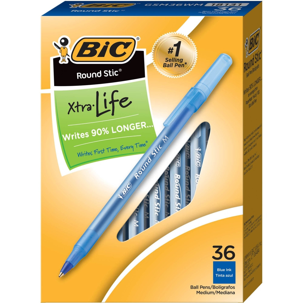 BIC CORP BIC GSM36WM-BLU  Round Stic Xtra Life Ballpoint Pens, Medium Point, 1.0 mm, Translucent Barrel, Blue Ink, Pack Of 36 Pens