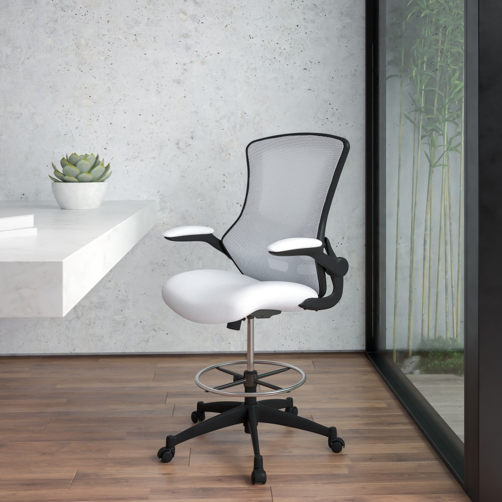 FLASH FURNITURE BLX5MDWH  Mid-Back Mesh Ergonomic Drafting Chair with Adjustable Foot Ring and Flip-Up Arms, White