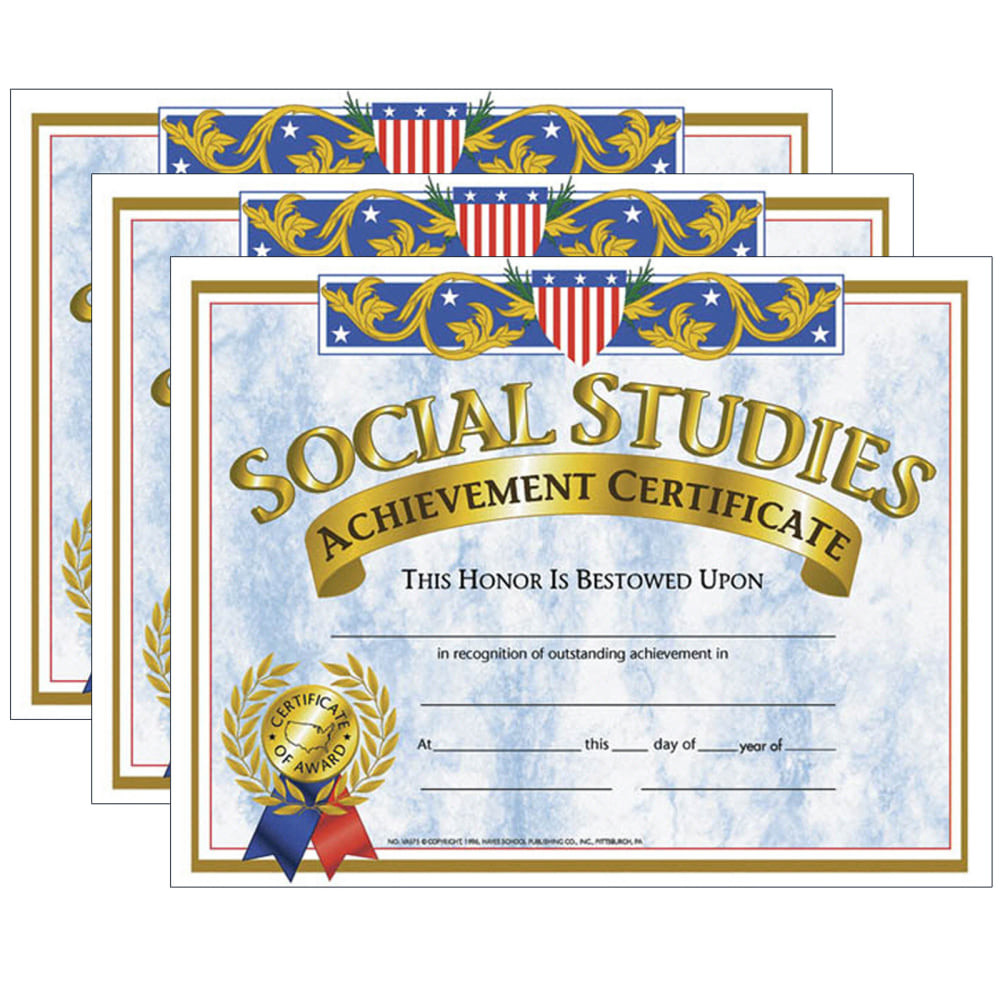 EDUCATORS RESOURCE Hayes H-VA575-3  Certificates, 8-1/2in x 11in, Social Studies Achievement, 30 Certificates Per Pack, Set Of 3 Packs