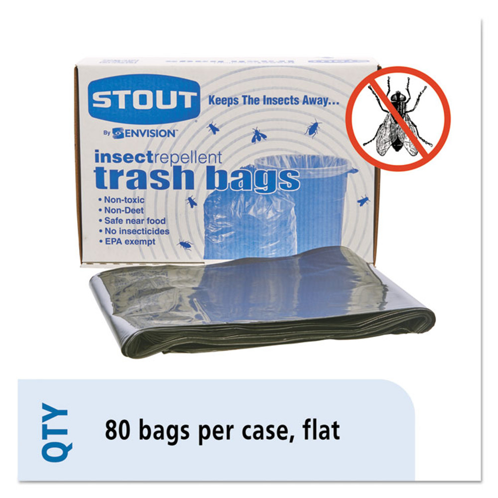 STOUT by Envision™ P3345K20 Insect-Repellent Trash Bags, 35 gal, 2 mil, 33" x 45", Black, 80/Box