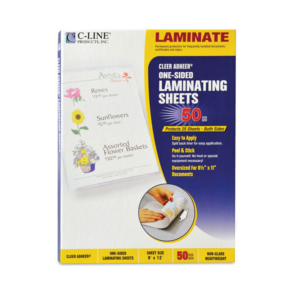 C-LINE PRODUCTS, INC 65004 Cleer Adheer Self-Adhesive Laminating Film, 2 mil, 9" x 12", Non-Glare Clear, 50/Box