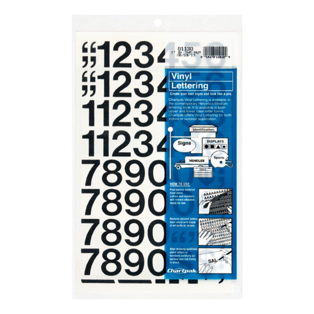 CHARTPAK, INC. 01130 Chartpak Permanent Adhesive Vinyl Numbers - 44 (Numbers) Shape - Self-adhesive - 1in Height x 12in Length - Black - Vinyl - 1 / Pack