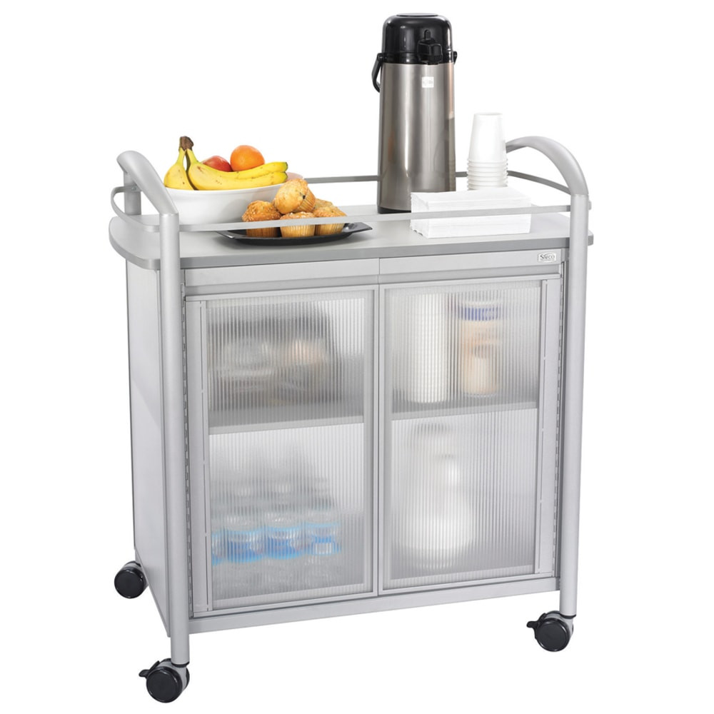 A smarter way to serve snacks and beverages at your next meeting!  Serving area is on a gray laminate top with rails to keep items contained.  Storage area features one fixed interior shelf for supplies.  Steel frame has a powder-coat finish and translucent polycarbonate side panels.  Cart maneuvers easily on 4 swivel casters (2 lock for stability).  Overall cart weight capacity tested to support up to 200 lbs. Top supports up to 100 lbs and each bottom shelf supports up to 50 lbs.  Simple assembly is required.  GREENGUARD certified - certified for low chemical emissions: UL.COM/GG - UL 2818. Ranked in two tiers: Certified and Gold.  Less harsh chemicals - made with fewer harsh chemicals, or safer chemicals than typical alternatives, helping  reduce your use of and exposure to substances that may be more harmful to your health and the environment.