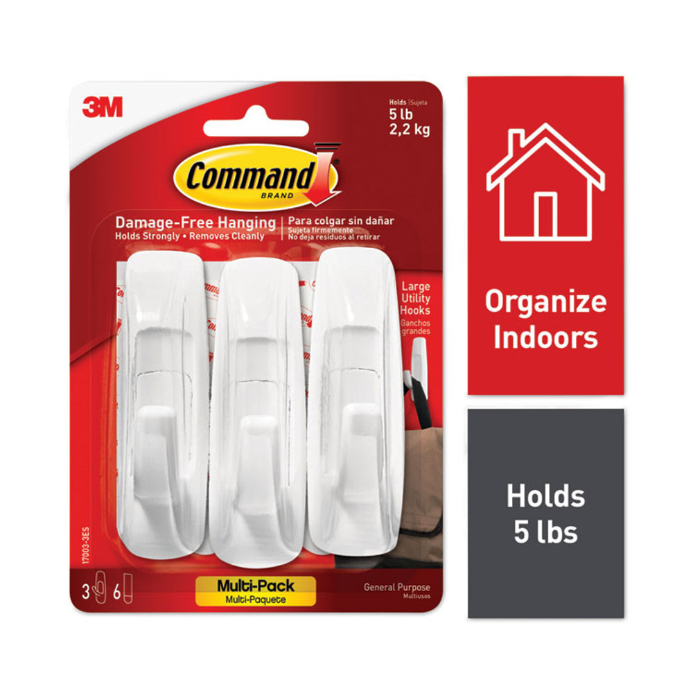 3M/COMMERCIAL TAPE DIV. Command™ 170033ES General Purpose Hooks Multi-Pack, Large, Plastic, White, 5 lb Capacity, 3 Hooks and 6 Strips/Pack