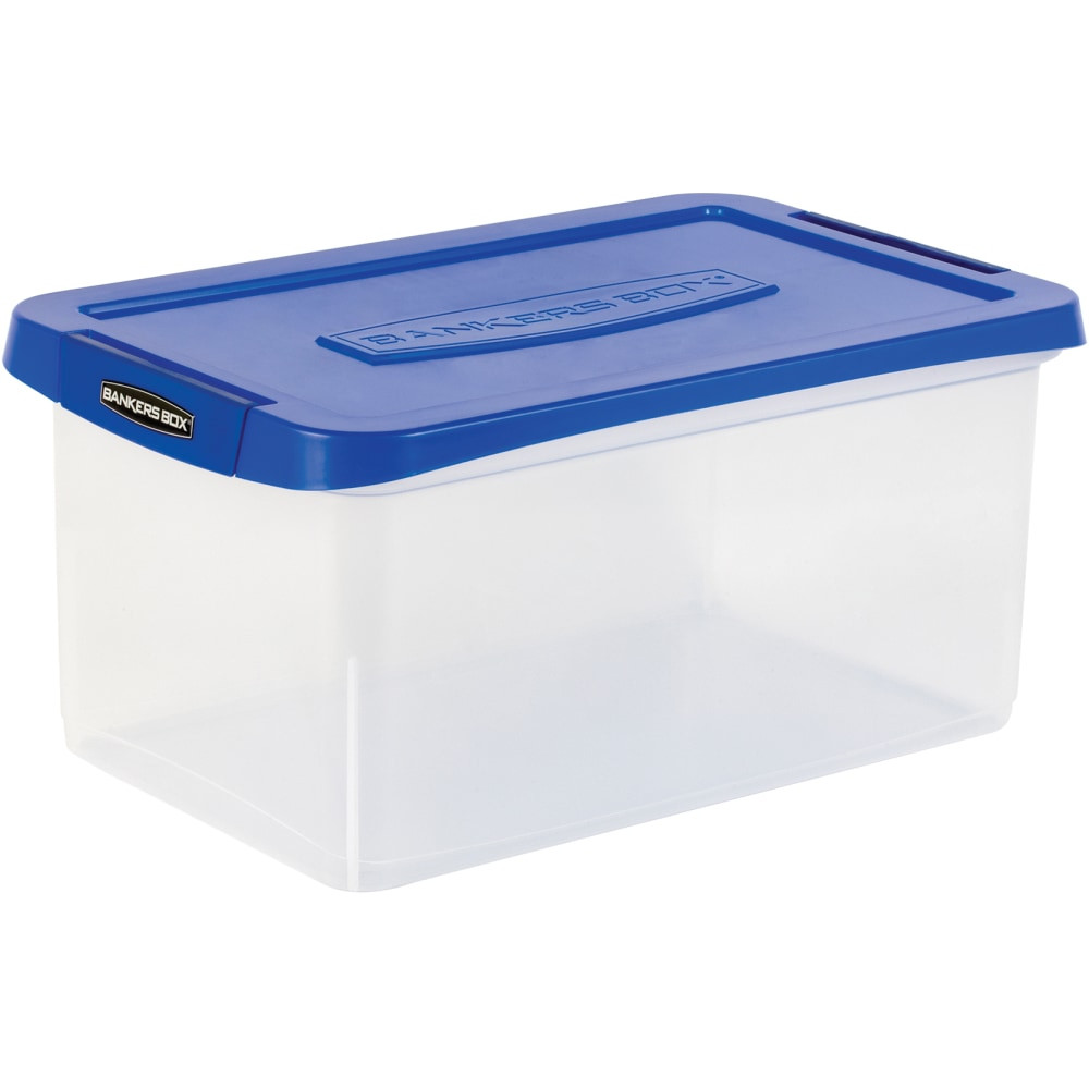 FELLOWES INC. 0086103 Bankers Box Heavy-Duty Plastic Storage Bin, Extra Deep 20in Letter-size, 10-3/8in x 14-1/4in, TAA Compliant, Clear/Blue, Pack of 1