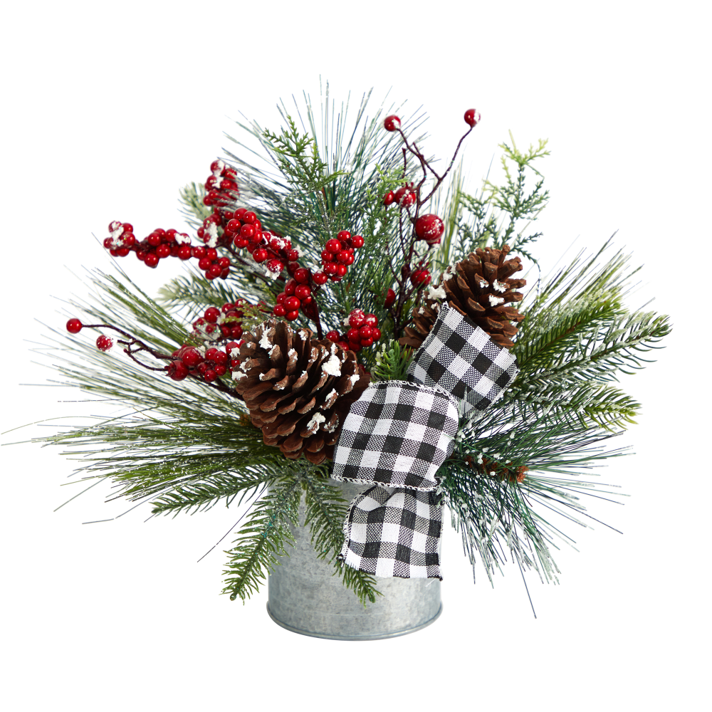 NEARLY NATURAL INC. Nearly Natural A1851  12inH Frosted Pine Cones And Berries Artificial Arrangement With Vase And Decorative Plaid Bow, 12inH x 10inW x 8inD, Green/Silver