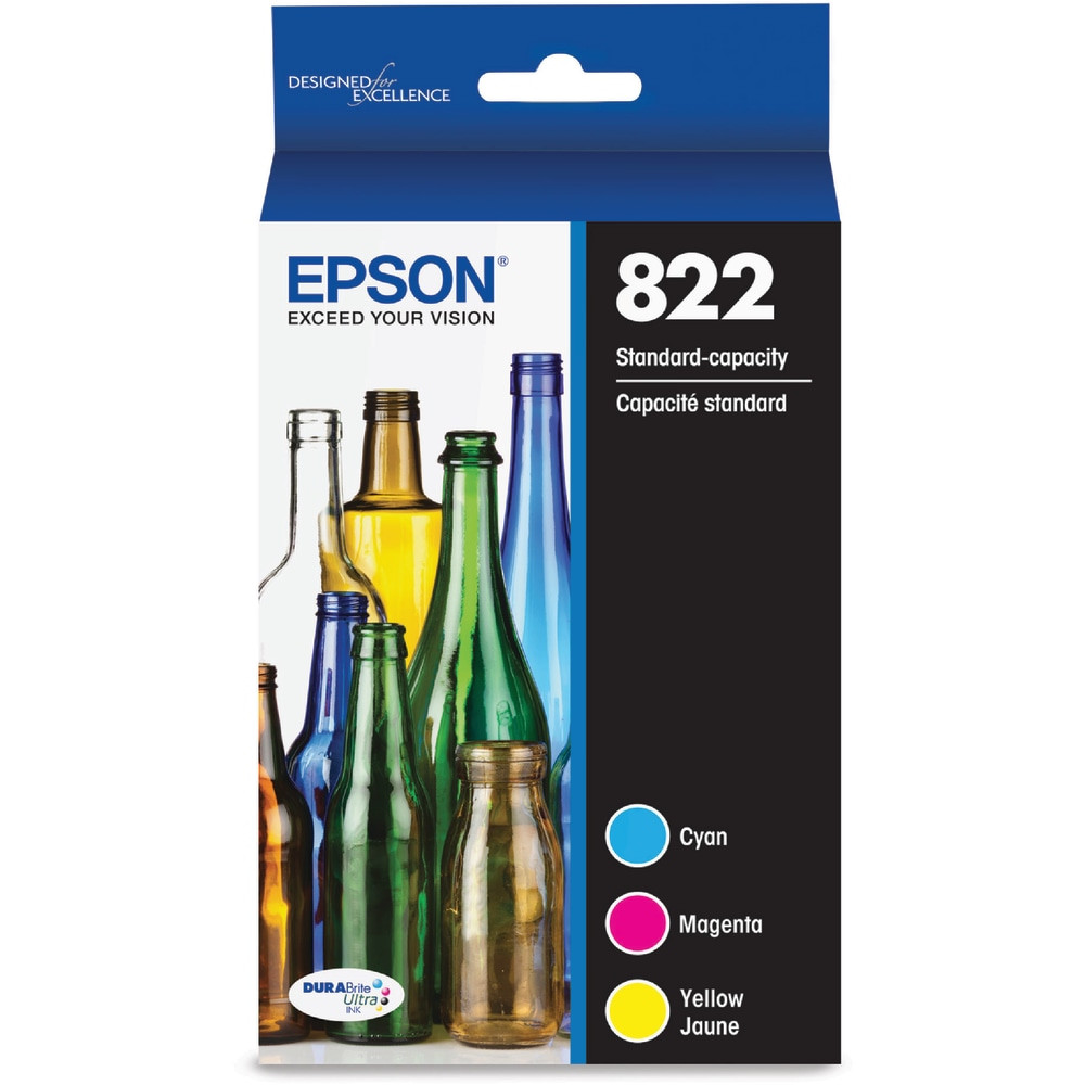 EPSON AMERICA INC. T822520-S Epson 822 DuraBrite Ultra Cyan, Magenta, Yellow Ink Cartridges, Pack Of 3, T822520-S