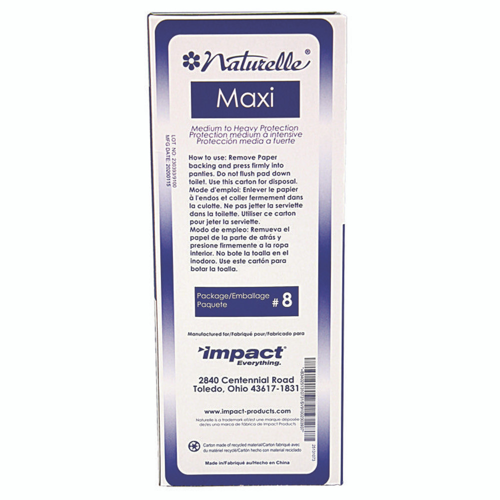 IMPACT PRODUCTS, LLC 25131073 Naturelle Maxi Pads, #8 Ultra Thin, 250 Individually Wrapped/Carton