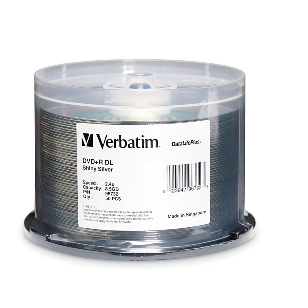 VERBATIM AMERICAS LLC 96732 Verbatim DVD+R DL 8.5GB 8X DataLifePlus Shiny Silver Silk Screen Printable - 50pk Spindle - 8.5GB - 120mm Standard - 50 Pack Spindle