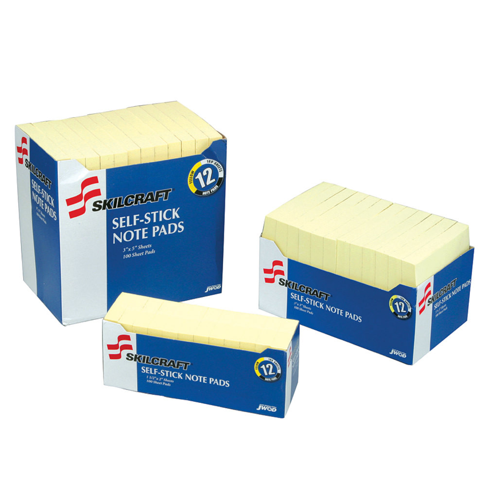 Stay on top of your to-do list with these AbilityOne SKILCRAFT 3in x 3in self-stick notepads. The plain sheets allow you to express random thoughts and ideas freely, while the adhesive backings are easy to remove for repositioning. Featuring a yellow color, these AbilityOne SKILCRAFT 3in x 3in self-stick notepads stand out to draw your attention to important reminders, and the 12-pack supply helps manage your stationery closet.  Make your memos highly visible with these self-stick note pads.  Removable adhesive helps prevent stains on surfaces.  Unlined design is ideal for sketches and random thoughts.  3in x 3in note size is approximate.  Contains Recycled Content - See Specs for Details.