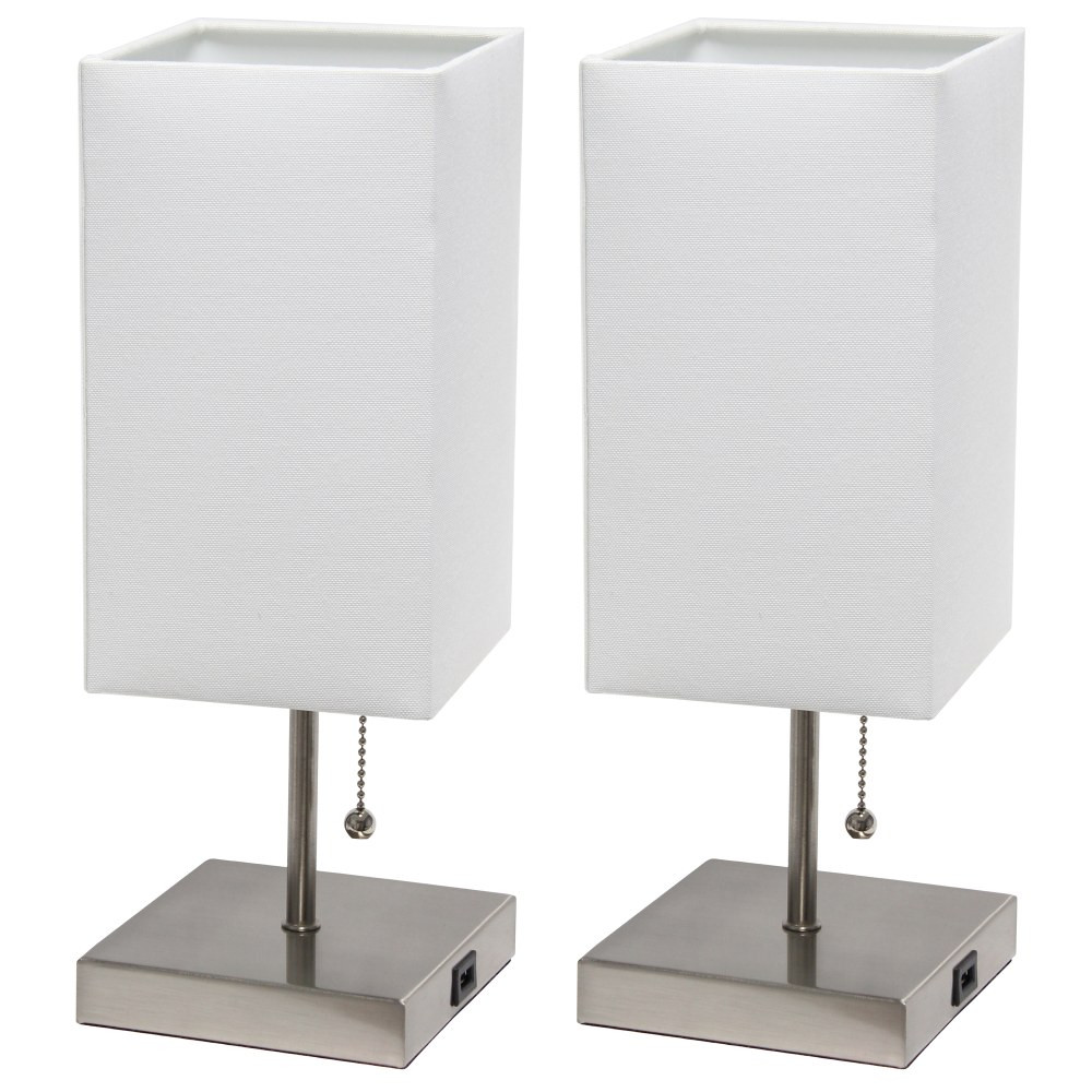 ALL THE RAGES INC LC2003-WHT-2PK Simple Designs Petite Stick Lamps With USB Charging Port, White Shade/Brushed Nickel Base, Set Of 2 Lamps