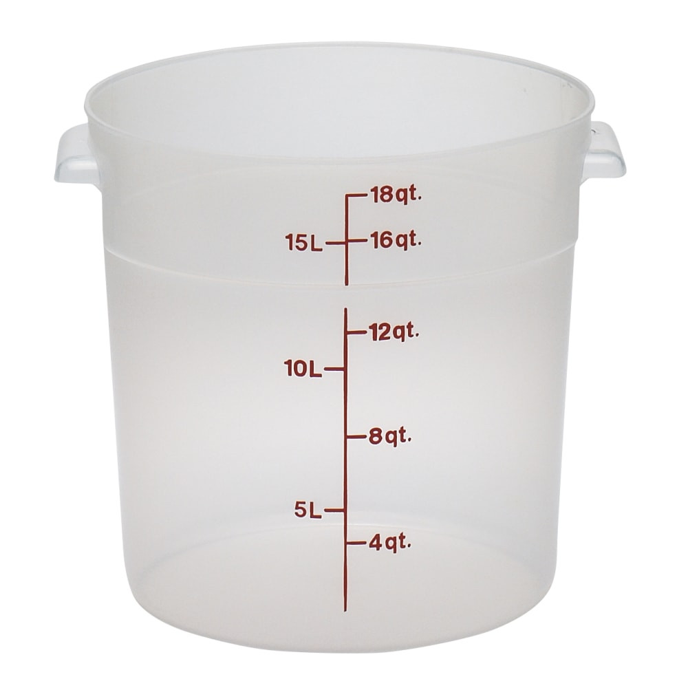 Make Cambro Translucent 18-Qt Round Containers your go-to storage solution for prepped foods. Thanks to the translucent design, taking inventory is easier.  Durable polypropylene construction is impact and stain resistant.  Holds up to 18 qt.  Withstands temperatures from -40 deg. to 160 deg..  Graduations allow quick, at-a-glance measuring.  Molded handles promote ergonomic lifting and easy drying.  Stackable design helps save storage space.  Dishwasher safe for hassle-free cleaning.  NSF listed.  Includes 6 containers.