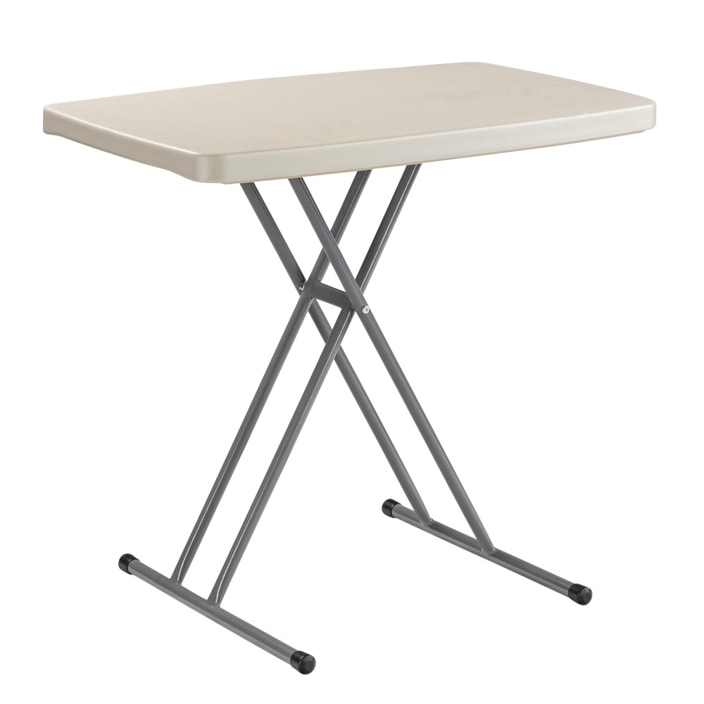 If you need a dependable and expansive surface for work or creative projects, consider this portable table. The personal folding table offers a height-adjustable design to let you set it where you need it. The plastic folding table offers stability thanks to its powder-coated steel frame.  1-5/8in thick plastic top.  Blow-molded construction and textured, powder-coated steel legs and frame.  Height can be adjusted to suit your preferences.  Folding design.  Save time - no assembly required.  Backed by the manufacturers 1-year limited warranty.