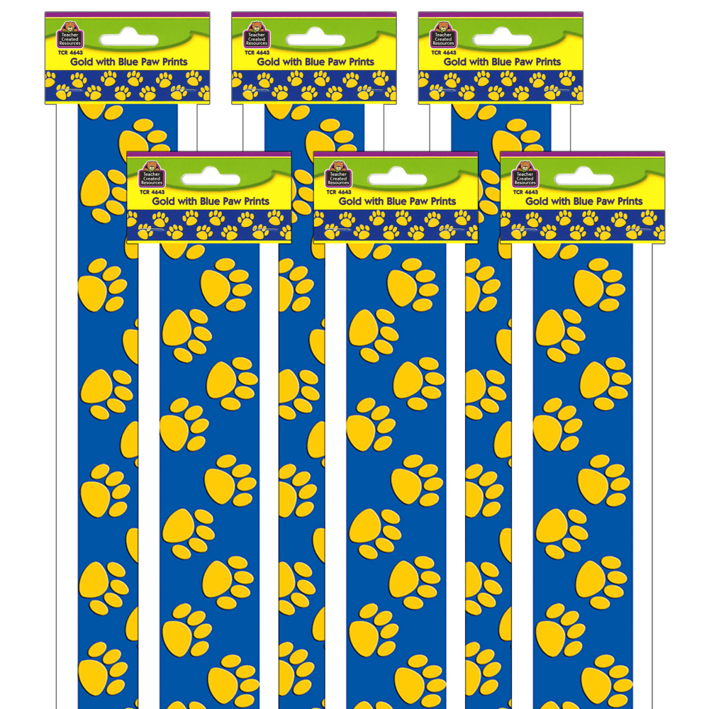 EDUCATORS RESOURCE TCR4643-6 Teacher Created Resources Straight Border Trim, 3in x 35in, Blue/Gold Paw Prints, 12 Pieces Per Pack, Set Of 6 Packs