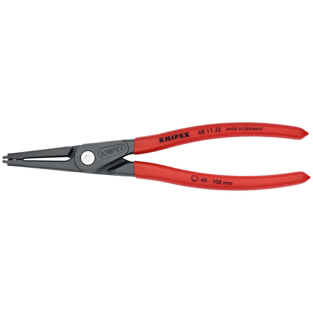 Knipex 48 11 J3 Retaining Ring Pliers; Type: Precision Internal Snap Ring Pliers ; Tip Angle: 0 ; Ring Diameter Range (Inch): 1-37/64 to 3-15/16 ; Overall Length (Decimal Inch): 9.0000in ; Tip Type: Fixed ; Body Material: Chrome Vanadium Steel