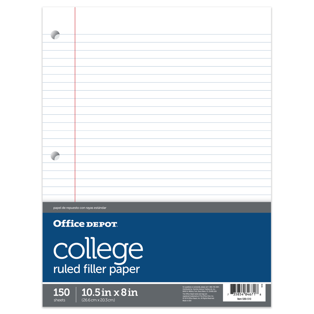 3-hole-punched Office Depot notebook filler paper fits most standard binders. Take notes and keep them organized with this lined paper.  16-lb paper weight is ideal for everyday use.  Ruled for neater notes.  Comes in a convenient moisture-resistant poly wrap.  Notebook paper with college-ruled lines.  White filler paper comes in a pack of 150 sheets that are 3-hole punched.  Remote learning from anywhere is easier with the right essentials.