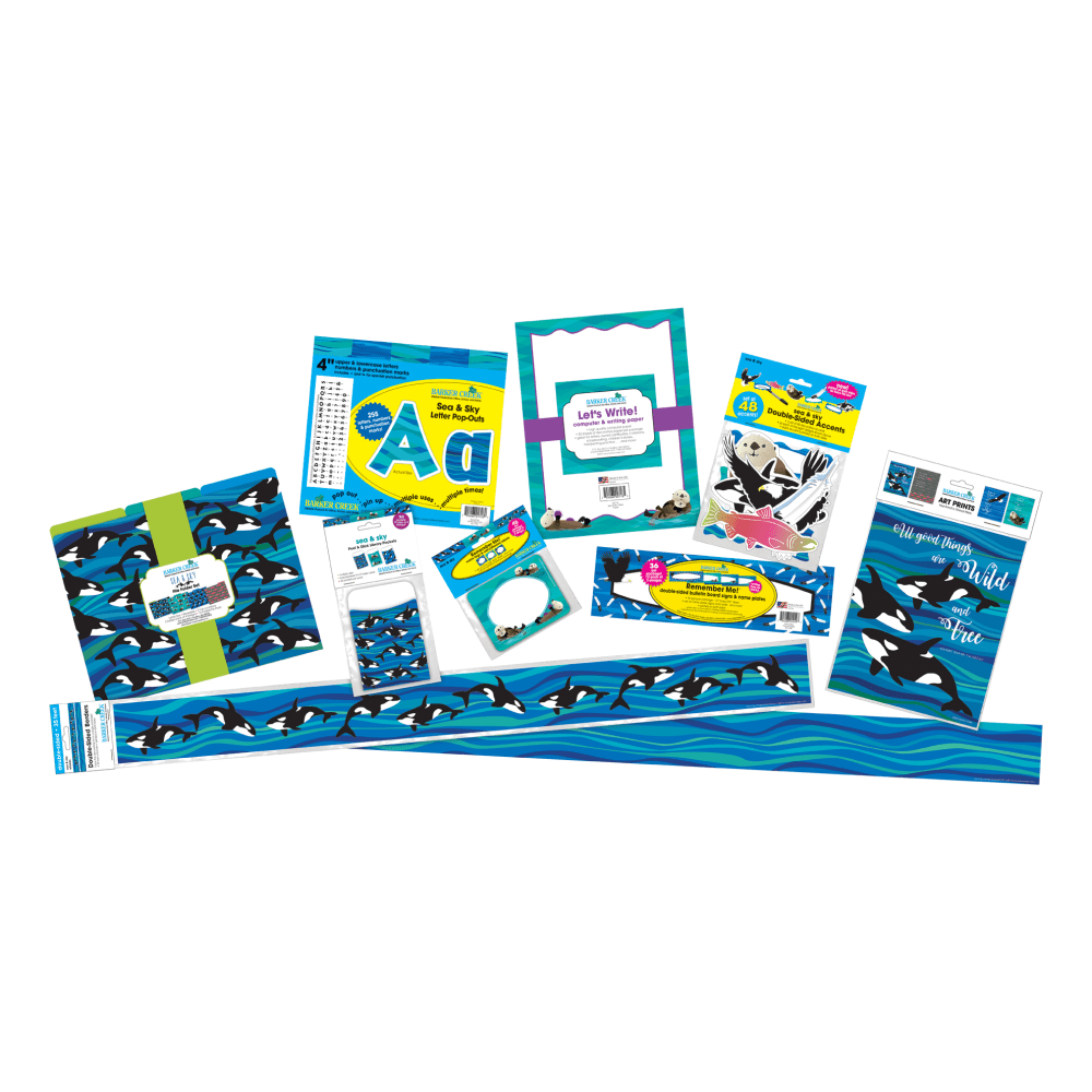 Create a charming theme in your classroom with this Barker Creek Sea & Sky Set. The collection of borders, accents, pop-outs, motivational prints and more help you make a learning experience that is sure to inspire and engage.  480-piece set includes motivational art prints, file folders, double-sided accents, computer paper, peel-and-stick library pockets, name tags, double-sided nameplates, 35ft of double-sided border and 255 letter/number/punctuation pop-outs.  Decorate your bulletin board with the 255-piece pop-out set, which includes letters, numbers and punctuation in English and Spanish.  Double-sided borders, nameplates and accents offer versatile use.  Self-adhesive name tags are ideal for identifying students and visitors.  Attach the peel-and-stick pockets to bulletin boards or file folders.  Inspire students with the 4 motivational art prints.  Paper is compatible with most printers.  Decorated with lovely animals from the sea and sky among blues and green colors to create a stylish touch.