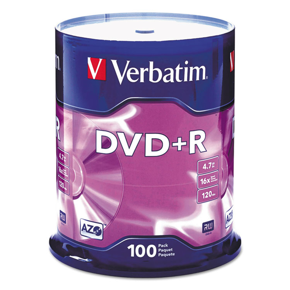 VERBATIM CORPORATION 95098 DVD+R Recordable Disc, 4.7 GB, 16x, Spindle, Silver, 100/Pack