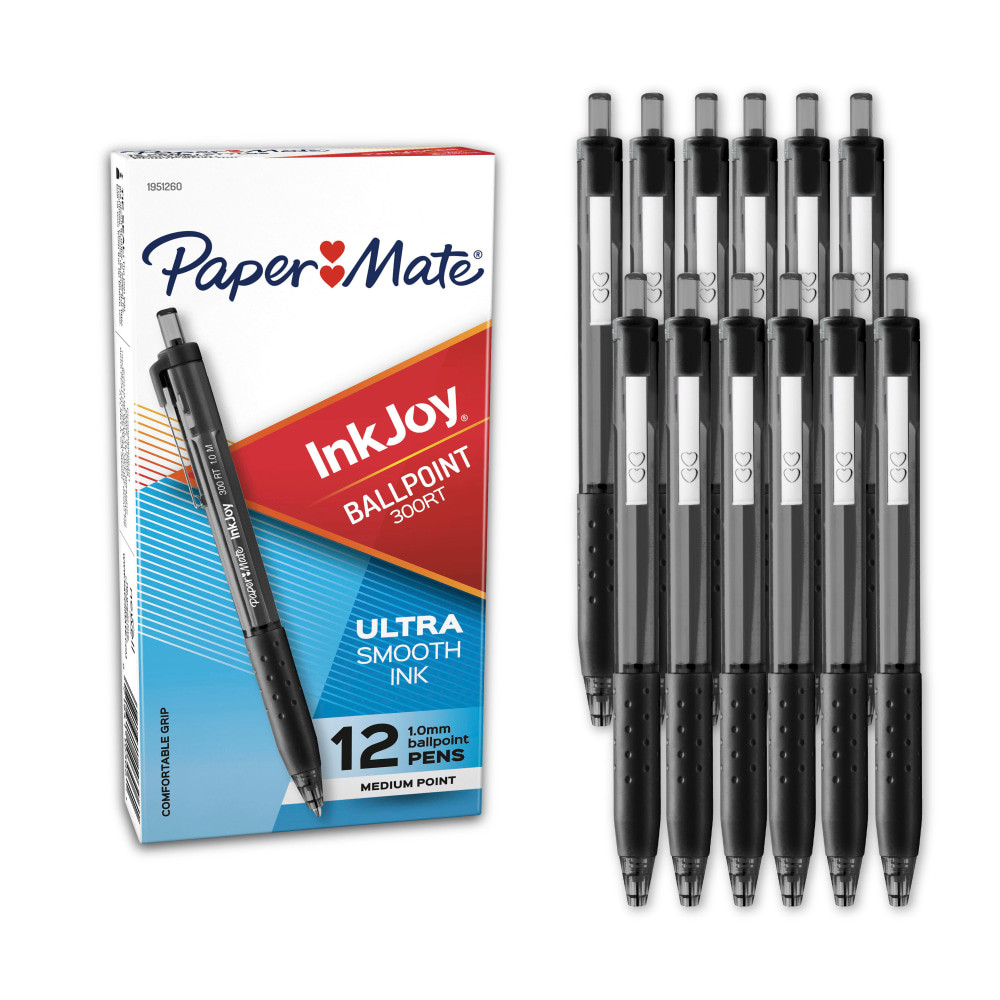 Transform your writing experience with the InkJoy 300 RT pens. Low-viscosity inks and optimized tips blend to create smooth, precise lines that will stand out whether you are signing greeting cards or jotting down notes for your next research paper. And with translucent, color-tinted bodies, these Paper Mate pens look sharp even from afar.  Unique InkJoy ink for effortless writing.  An extended rubberized grip for optimal comfort.  Translucent color-tinted body is modern and stylish.  Retractable tip for mess-free writing and storage.  Comes in a pack of 12 black-ink pens with translucent black barrels.  These Paper Mate pens have medium, 1.0 mm points.