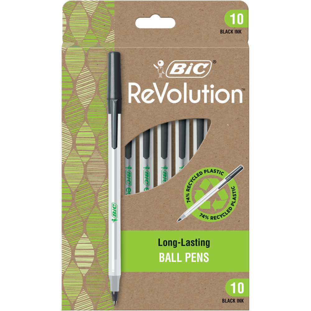 BIC CORP BIC GSME10-BLK  ReVolution Round Stic Pens, Medium Point, 1.0 mm, 74% Recycled, Semi-Clear Barrel, Black Ink, Pack Of 10 Pens