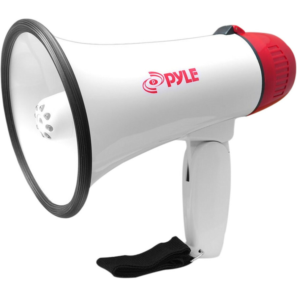 Make your voice heard with a PyleHome 30W Mini Compact Megaphone/Bullhorn. A button-activated LED flashlight mode gets the attention of guests in low-light conditions.  Made from durable plastic.  Offers 30W of power.  Dynamic 800-yard range.  Adjustable volume control for a variety of uses.  Button-activated LED light mode and siren alarm mode.  Supports indoor and outdoor use.  Requires 4 D batteries.  Backed by the manufacturers 1-year limited warranty.