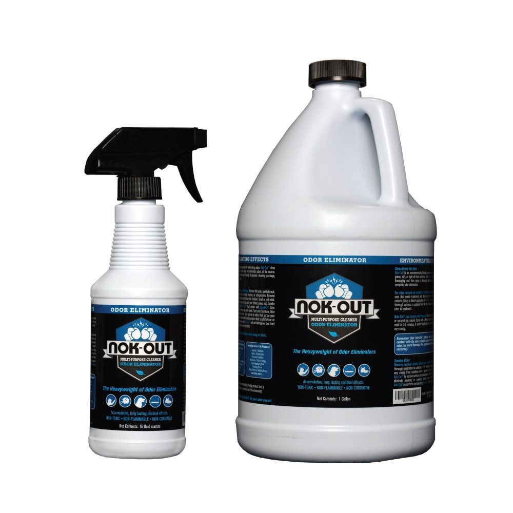 Eliminate harmful odors with NOK OUT odor remover and disinfectant pet deodorizer and cleaning spray. Each cleaner kills 99.9% of harmful germs on a variety of surfaces.  Kills up to 99.9% of all harmful germs on a variety of surfaces.  Helps resolve strong smells caused by humans or pets.  Non-abrasive formula uses chlorine dioxide to knock out odors.  No wiping or scrubbing necessary, simply spray and walk away.  Includes a 16 oz spray bottle and 1 gallon refill.