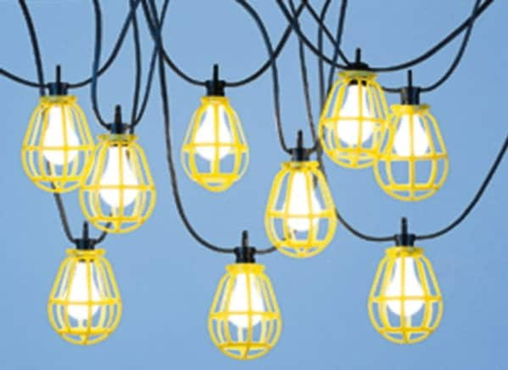 Woodhead Electrical 323126 Temporary String Lights; Cord Length (Feet): 100 ; Guard Material: Metal ; Cord Type: SOOW ; Cord Color: Yellow ; Includes: Lamp Guard ; Standards Met: CSA File LR85374 Listed