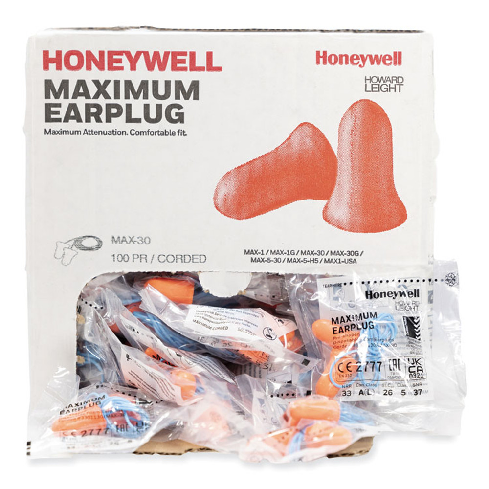 HONEYWELL ENVIRONMENTAL Howard Leight® by MXM30 MAXIMUM Single-Use Earplugs, Corded, 33NRR, Coral, 100 Pairs