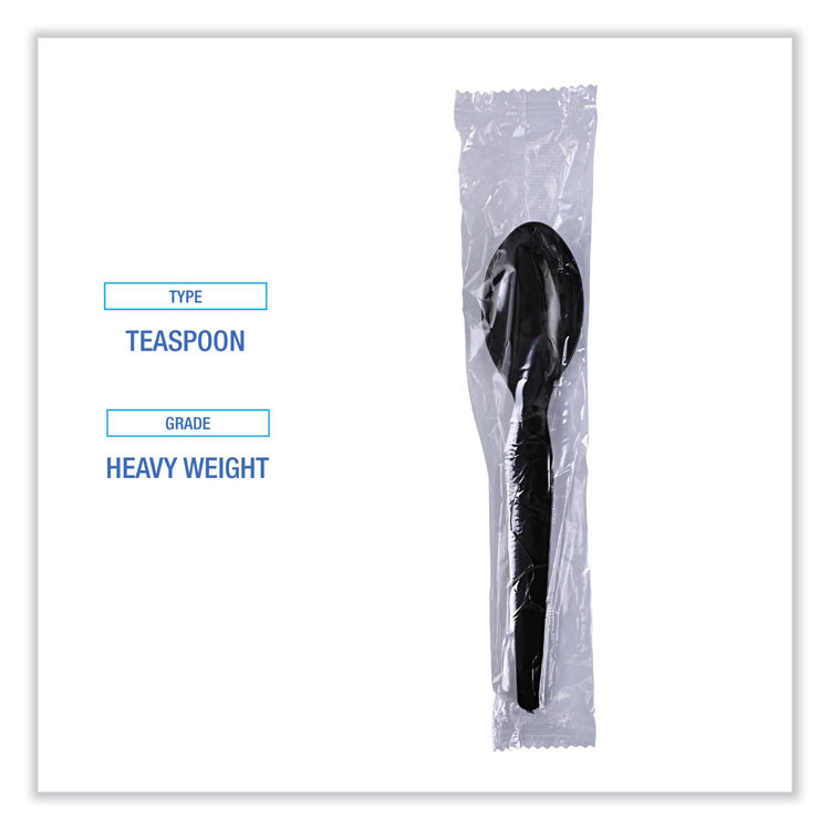 BOARDWALK TSHWPSBIW Heavyweight Wrapped Polystyrene Cutlery, Spoon, Plastic, Black, 1,000/Carton