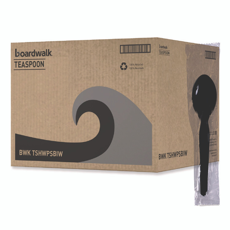 BOARDWALK TSHWPSBIW Heavyweight Wrapped Polystyrene Cutlery, Spoon, Plastic, Black, 1,000/Carton