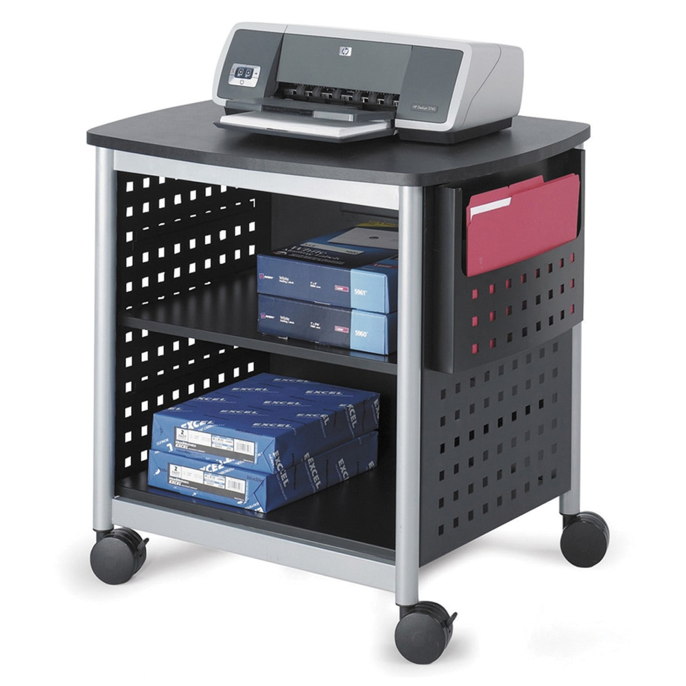 Big projects require room to work and plenty of space for all your essential technology. Keep your printer close at hand with a versatile Safco printer stand that helps maximize available desk space and provides storage for your most needed printing supplies.  Large enough to accommodate most desktop printers and other small office machines.  This printer cart features a black laminate top, unique hole pattern and silver leg accents.  Special "hot pocket offers easy access to your active projects.  2 shelves for your printer supplies.  4 casters for mobility when needed. 2 locking casters help keep this rolling printer stand in position.  This printer stand offers up to a 200-lb weight capacity.  Some assembly required.  Printer stand measures 26-1/2inH x 26-1/2inW x 20-1/2inD.  Safco Scoot desk-side stand comes in black and silver and is backed by the manufacturers limited lifetime warranty.  Mobility  Adjustable  Durable  Locking Wheels