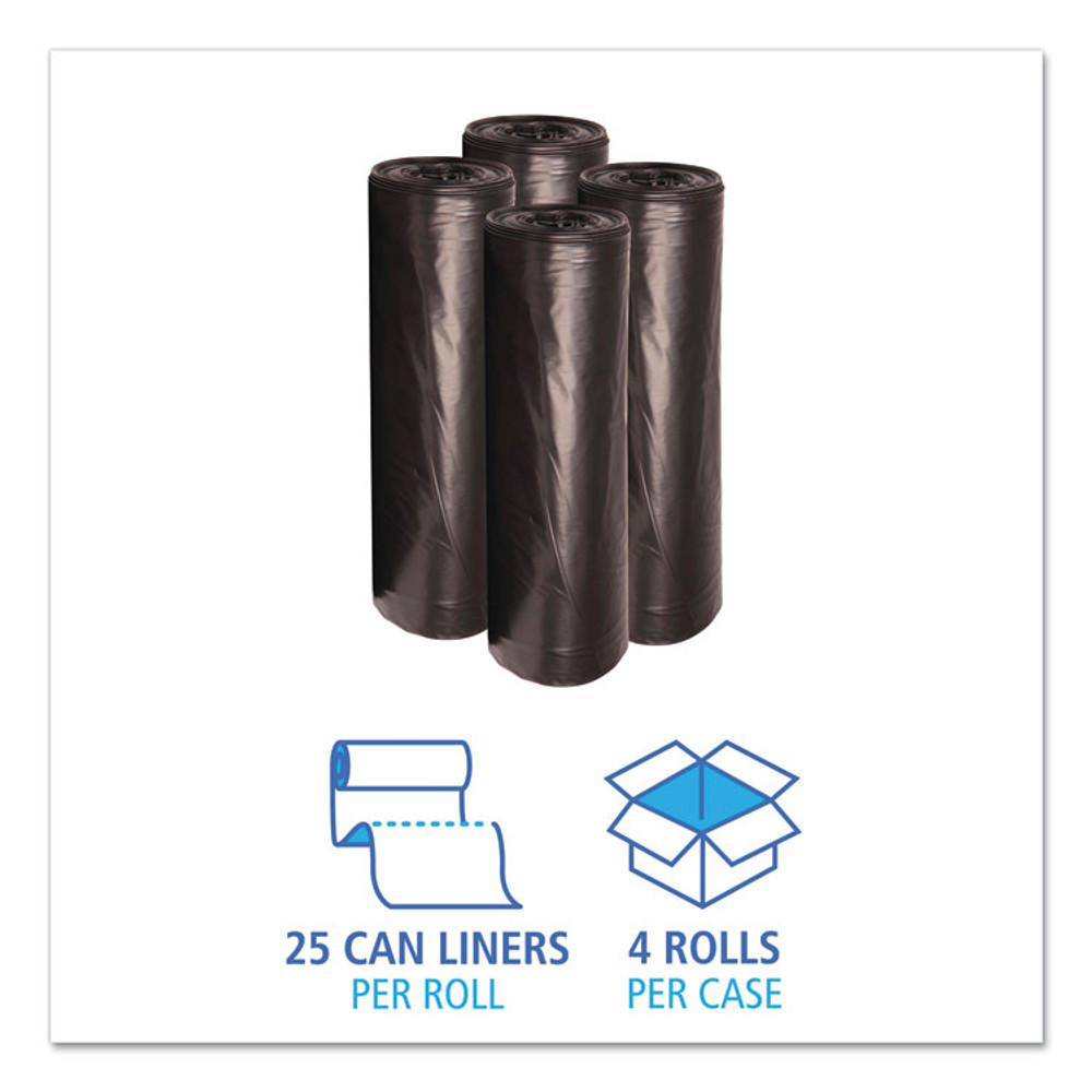 BOARDWALK 4347H Low-Density Waste Can Liners, 56 gal, 0.6 mil, 43" x 47", Black, Perforated Roll, 25 Bags/Roll, 4 Rolls/Carton