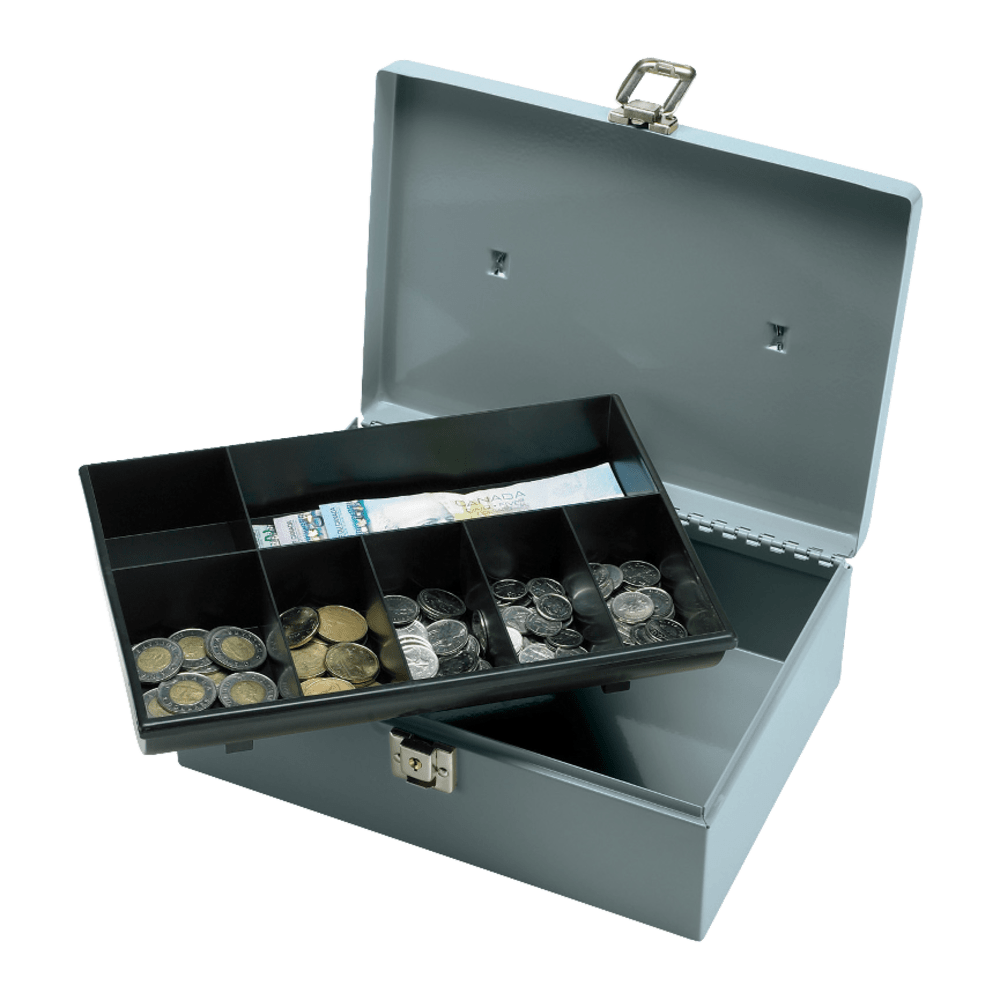 SP RICHARDS Sparco 15501  All-Steel Latch Lock Cash Box With Tray, 7 Compartments, 4in x 11in x 7 3/4in, Gray