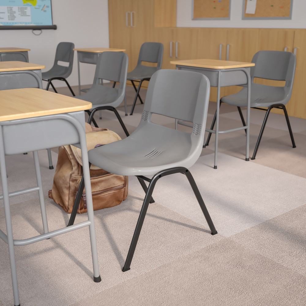 Whether you work in a traditional office or just need seating for your childs playroom, consider 1 of these stacking chairs. The chair features a vented back, allowing air to flow freely while sitting.  Overall Dimensions: 32inH x 19.25inW x 23.5inD.  Weight capacity tested to support 880 lb.  Ergonomically designed plastic seat features drain holes and a vented back for airflow.  Metal frame with a powder-coated finish and double support braces to handle stacking up to 20 chairs high.  Plastic glides help prevent damage to flooring.  Save time - no assembly required.  Backed by the manufacturers 2-year limited warranty.