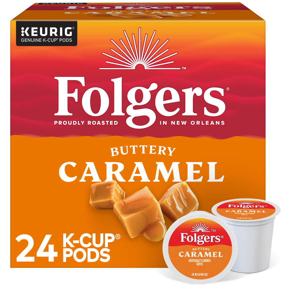 Kick-start your morning with rich, bold coffee. Folgers Gourmet Selections coffee offers the flavors you love in convenient K-Cup Pods.  Begin every day with delightfully flavored and roasted Folgers coffee.  Folgers is not affiliated with Keurig or K-Cup. K-Cup is a registered trademark of Keurig Incorporated.  The creamy, buttery caramel flavors of Folgers caramel drizzle coffee entice you with each sip.  Includes a box of 24 coffee K-Cup pods with caramel drizzle flavor.