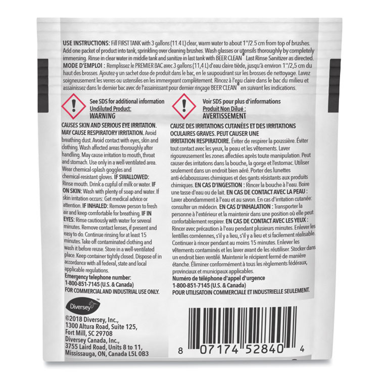 DIVERSEY 990224 Beer Clean Glass Cleaner, Powder, 0.5 oz Packet, 100/Carton