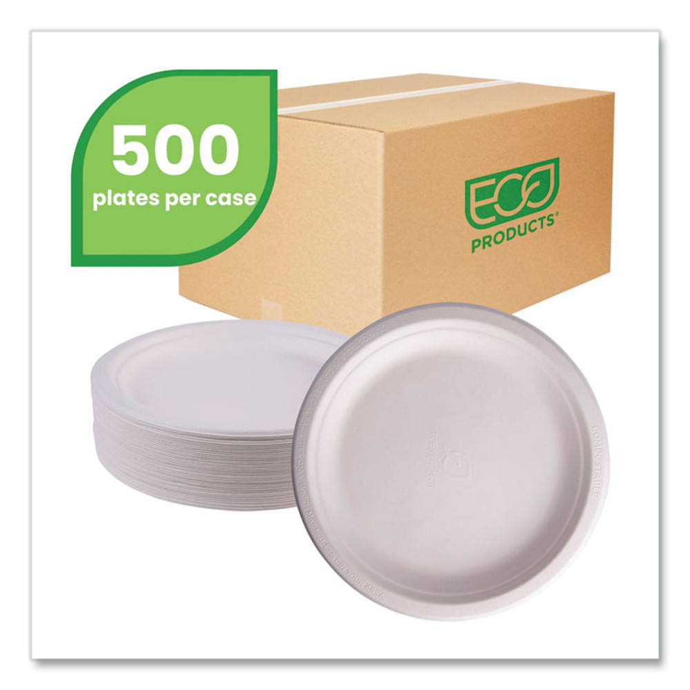 ECO-PRODUCTS,INC. EPP013NFA Vanguard Renewable and Compostable Sugarcane Plates, 9" dia, White, 500/Carton