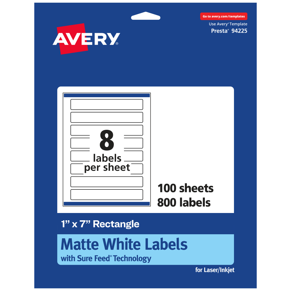 AVERY PRODUCTS CORPORATION 94225-WMP100 Avery Permanent Labels With Sure Feed, 94225-WMP100, Rectangle, 1in x 7in, White, Pack Of 800
